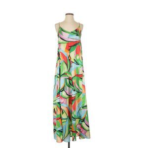 Nicole Miller Colorful Tropical NY Abstract Print Satin Maxi Dress Bra Pockets M